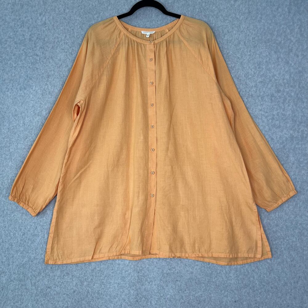 Eileen Fisher Orange 100% Irish Linen Long Sleeve Button Up Tunic Shirt Size XL